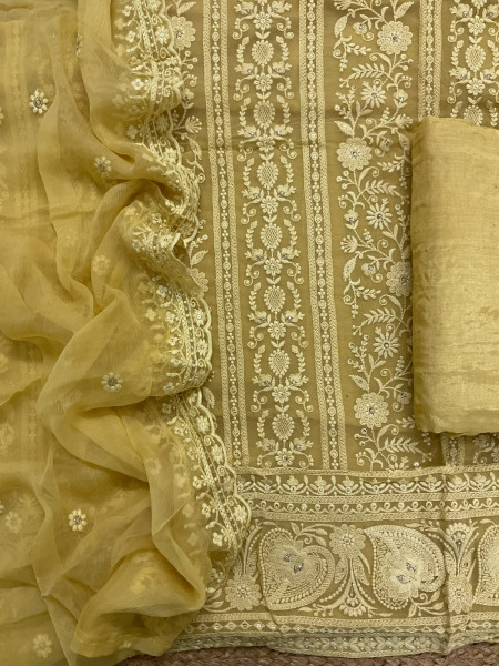 Image of Pure Georgette Embroidered Suit - Yellow