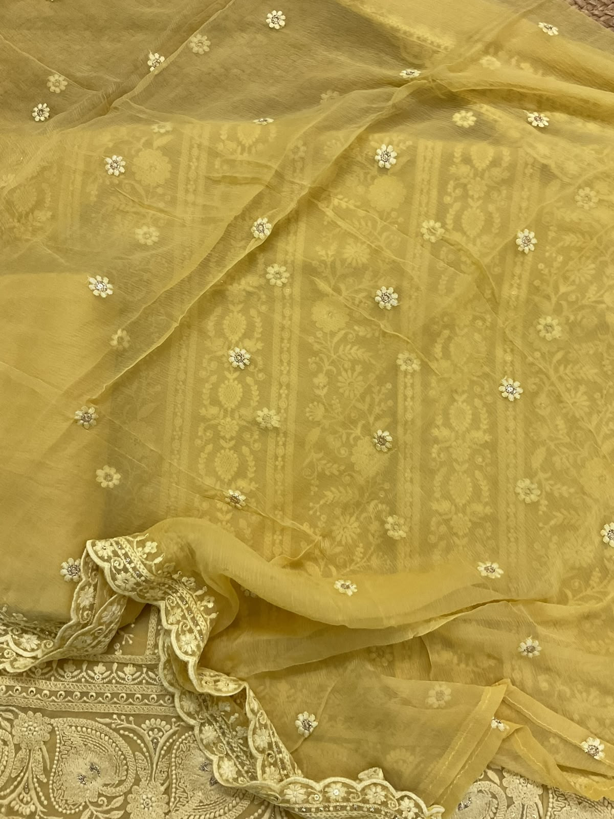 Pure Georgette Embroidered Suit - Yellow
