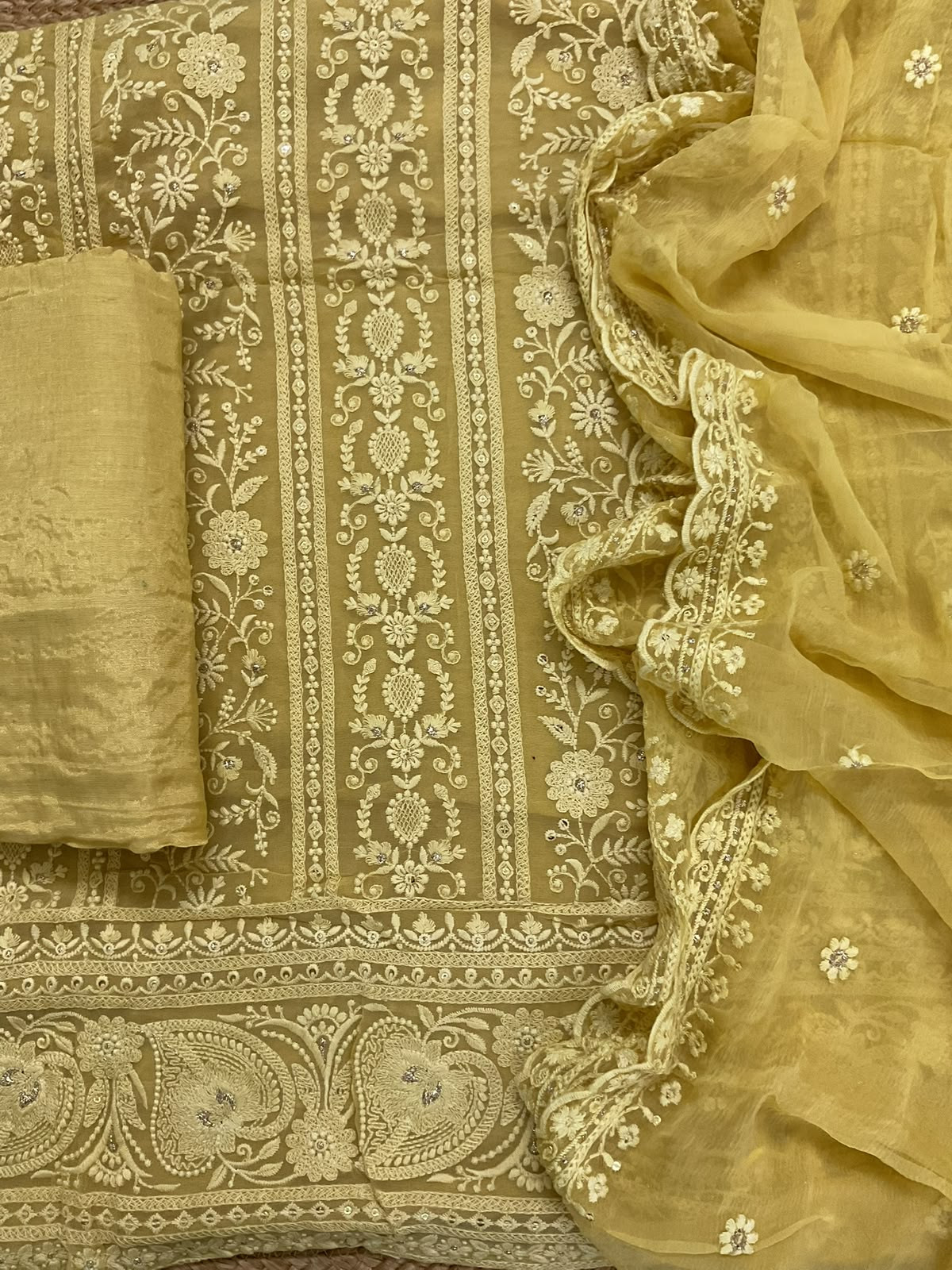 Pure Georgette Embroidered Suit - Yellow