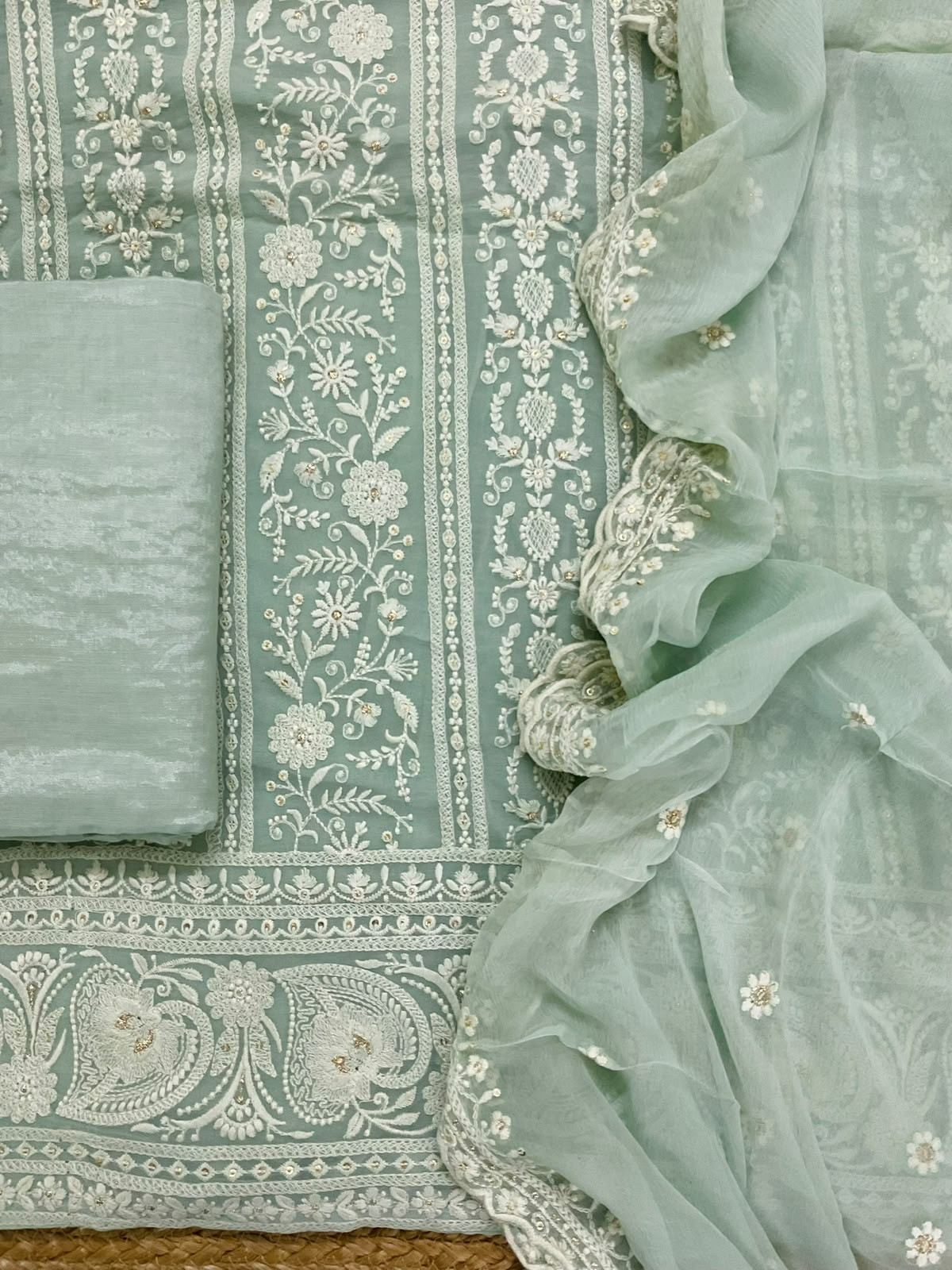 Pure Georgette Embroidered Suit - Sea Green