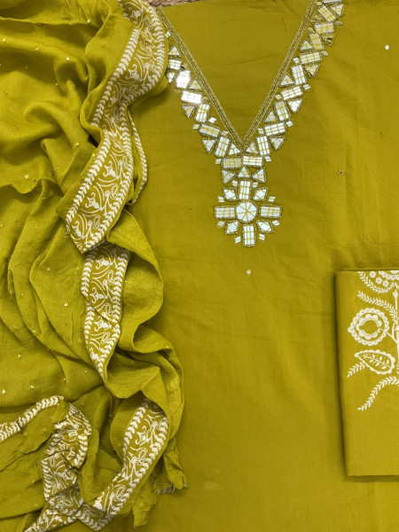 Image of Pure Cotton Printed Embroidered Suit - Green