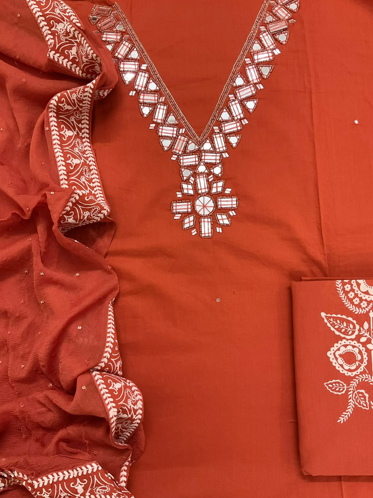 Pure Cotton Printed Embroidered Suit - Orange