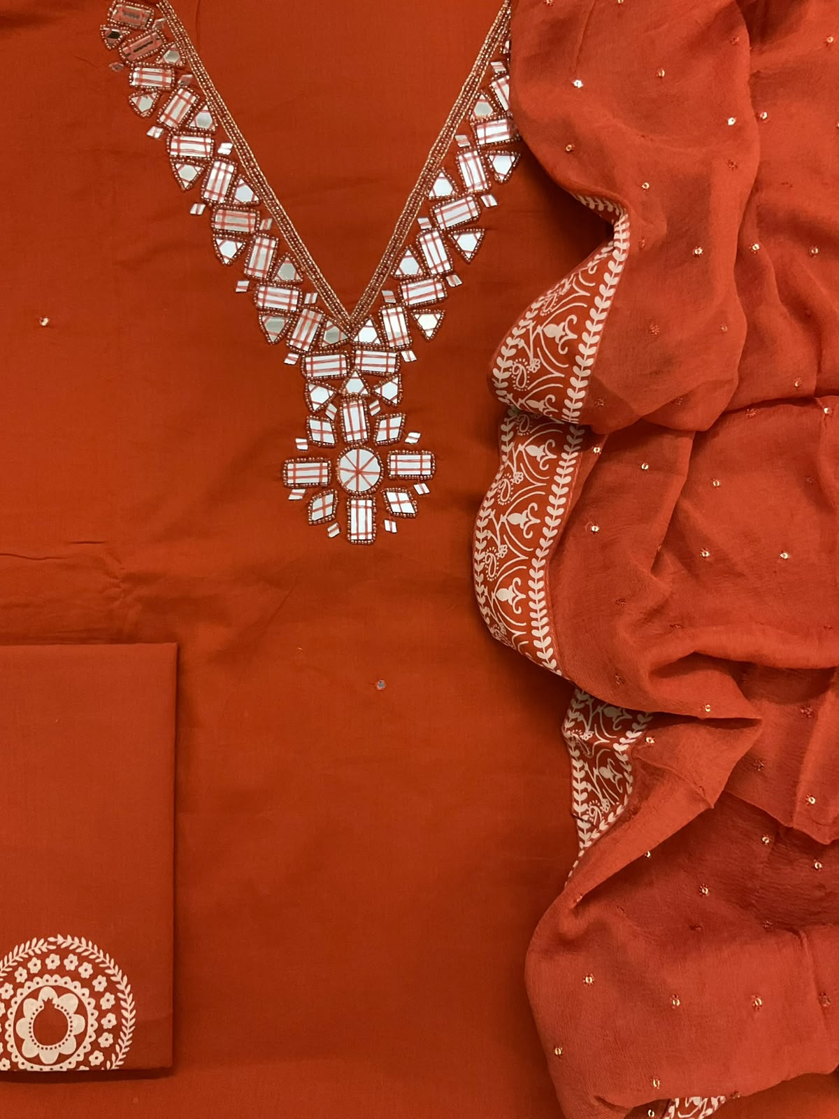 Pure Cotton Printed Embroidered Suit - Orange