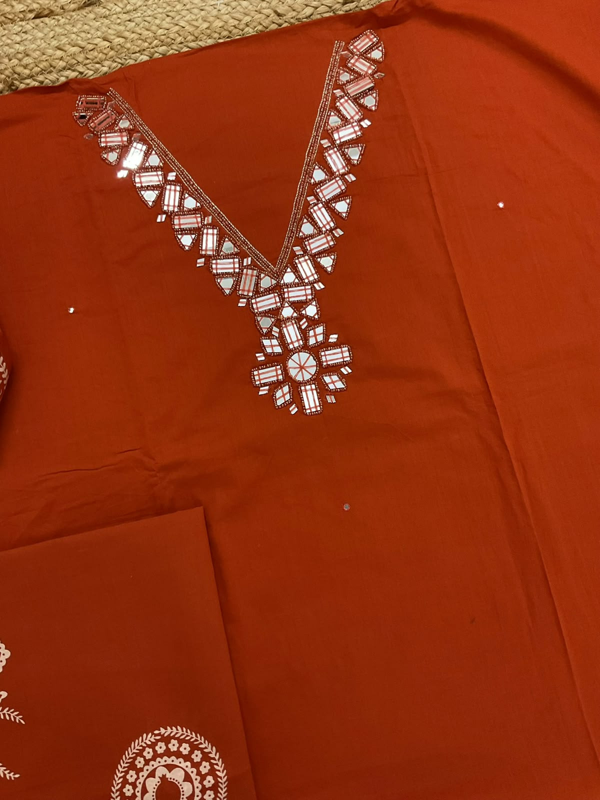 Pure Cotton Printed Embroidered Suit - Orange