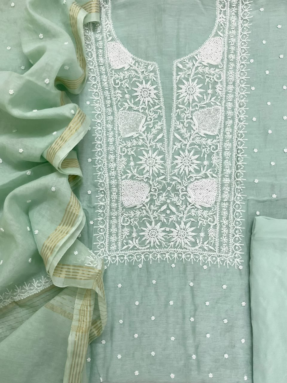 Pure Mul Chanderi Pearl Embroidered Suit - Sea Green