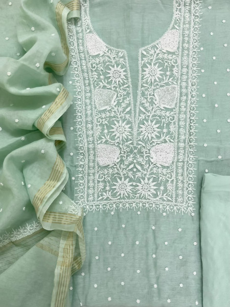 Image of Pure Mul Chanderi Pearl Embroidered Suit - Sea Green