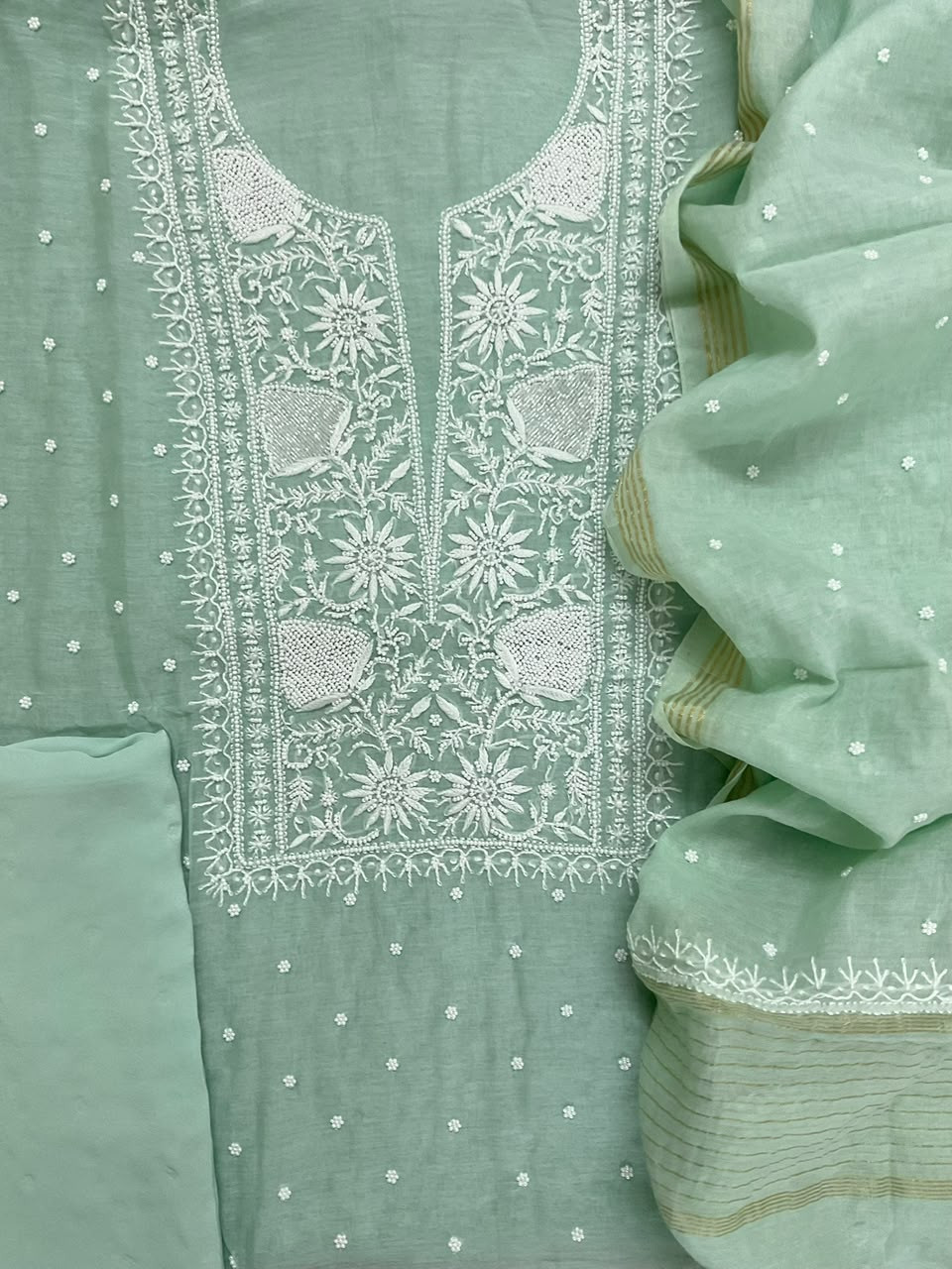 Pure Mul Chanderi Pearl Embroidered Suit - Sea Green