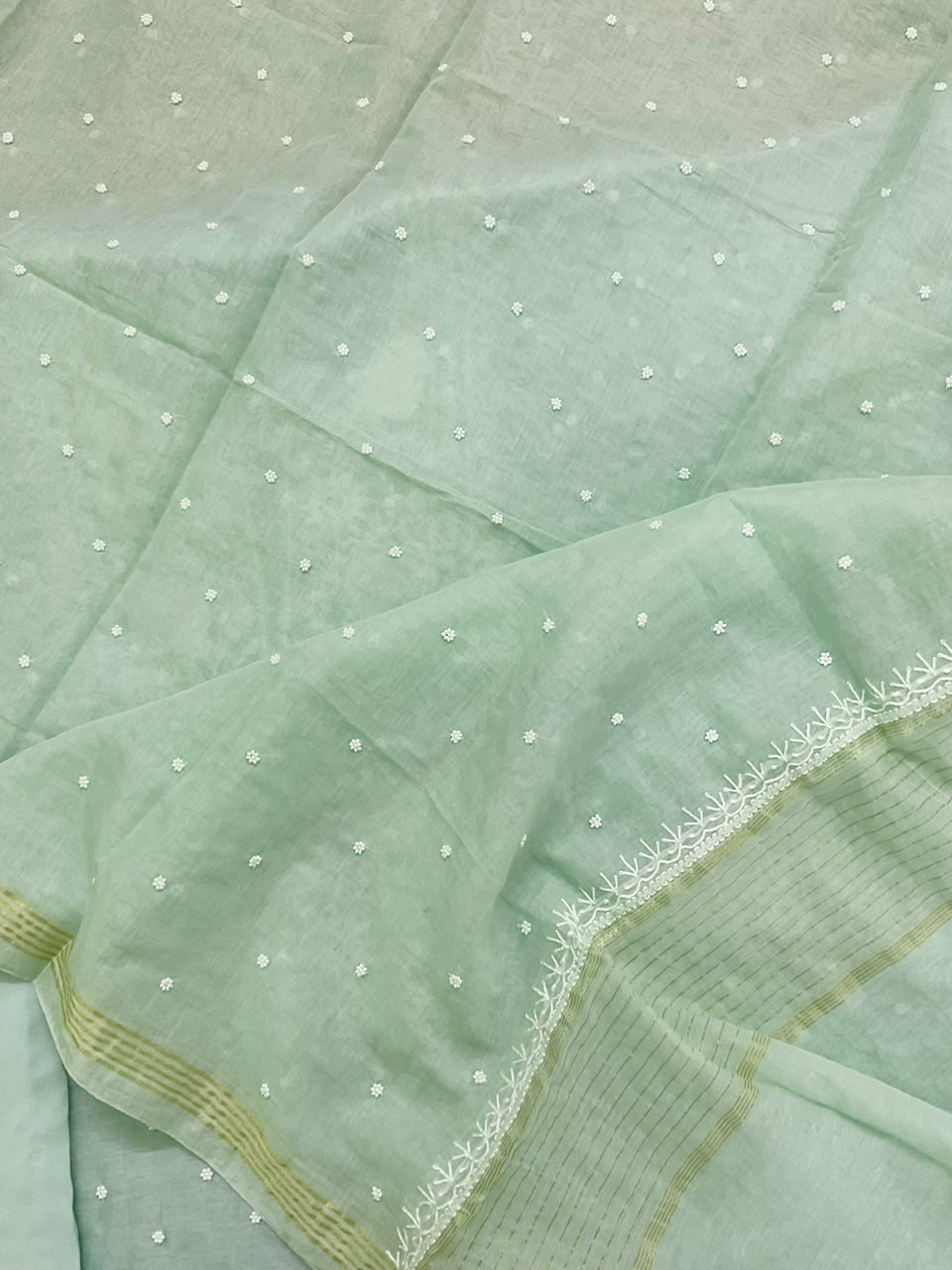 Pure Mul Chanderi Pearl Embroidered Suit - Sea Green