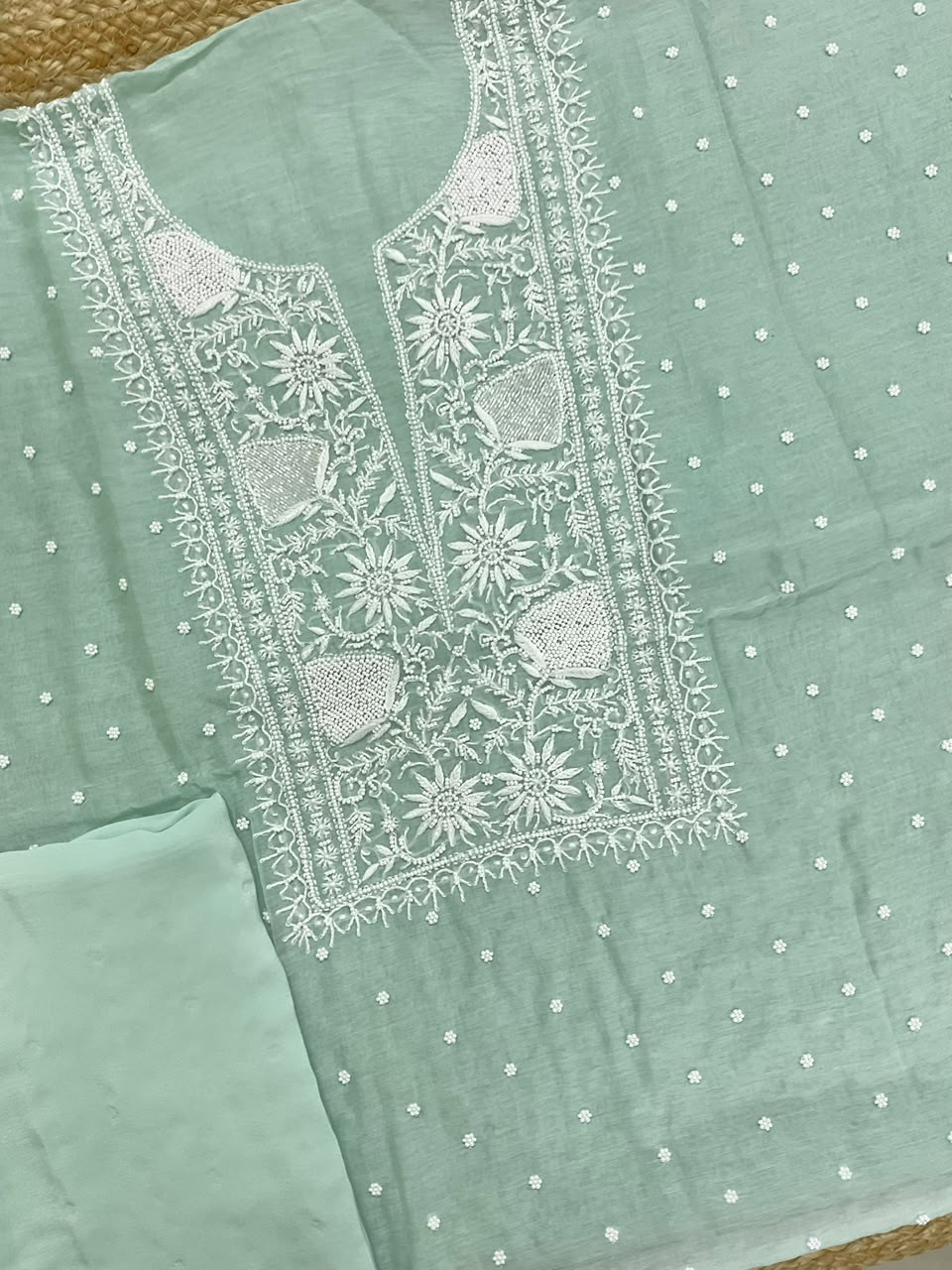 Pure Mul Chanderi Pearl Embroidered Suit - Sea Green