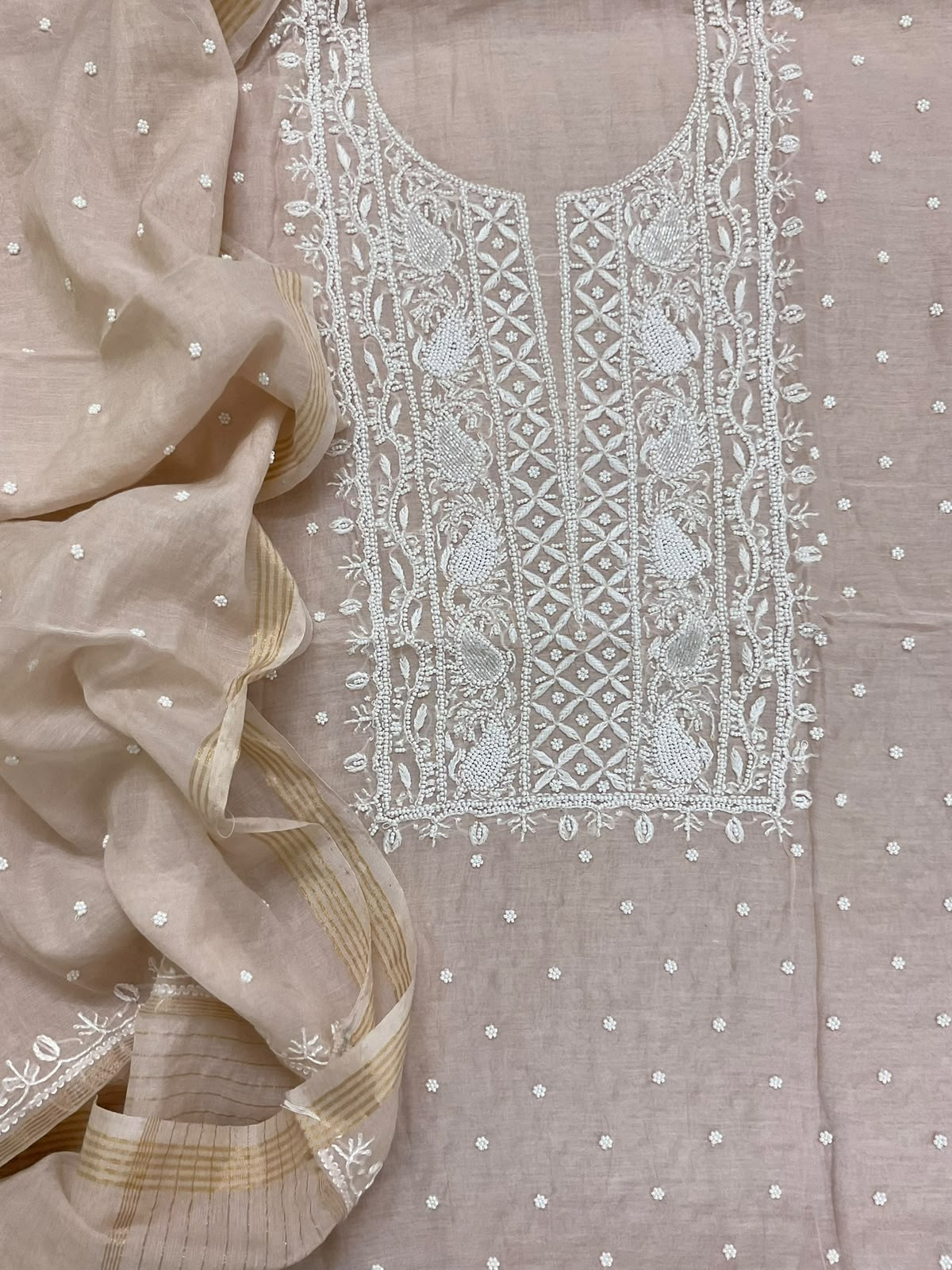 Pure Mul Chanderi Pearl Embroidered Suit - Beige