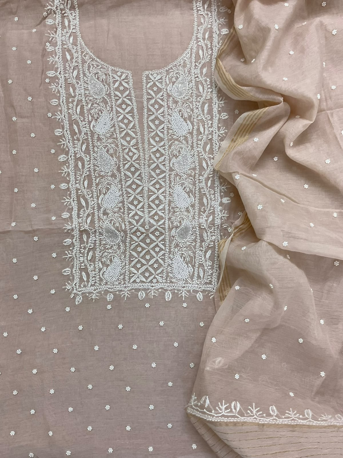 Pure Mul Chanderi Pearl Embroidered Suit - Beige