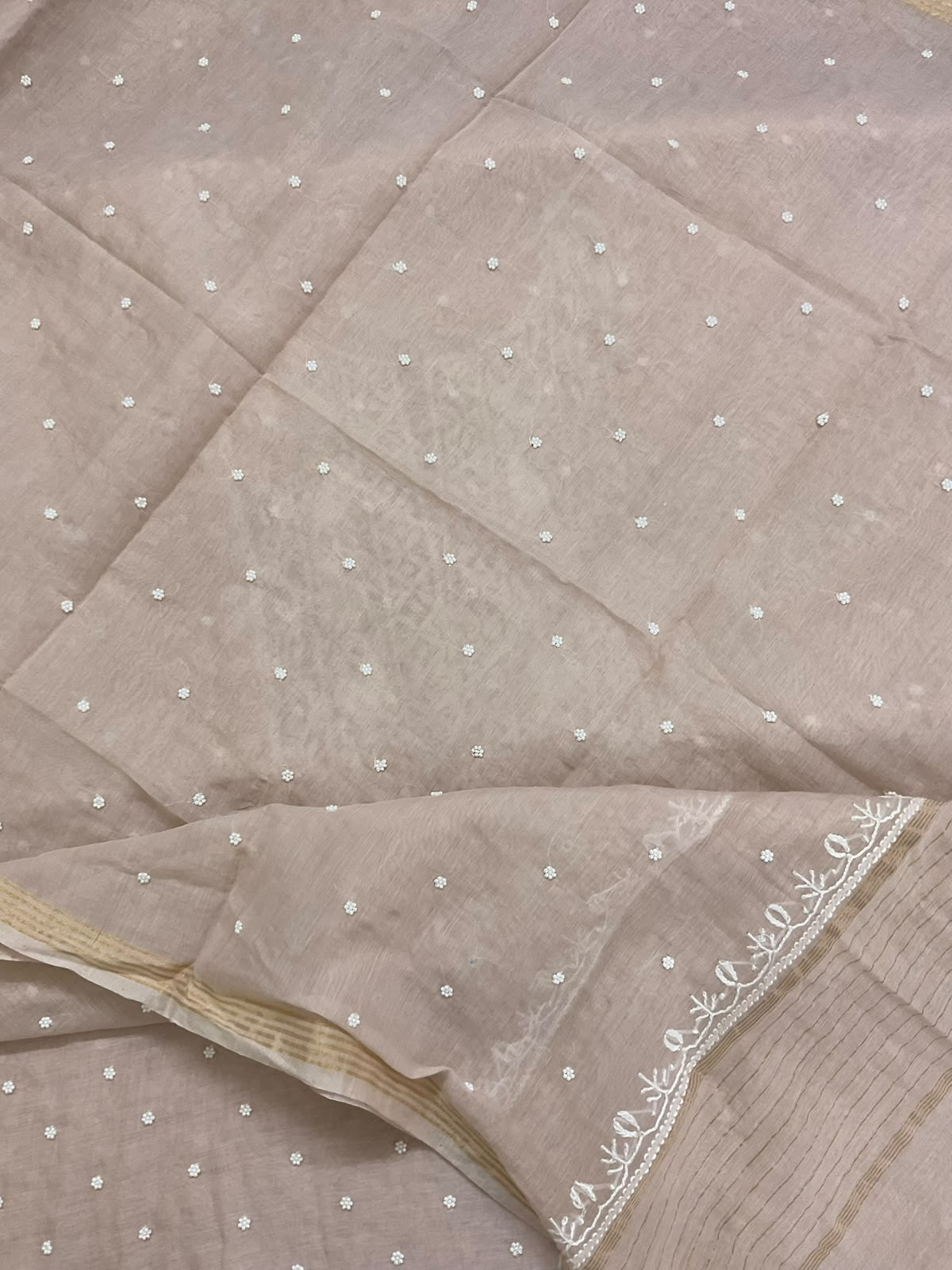 Pure Mul Chanderi Pearl Embroidered Suit - Beige