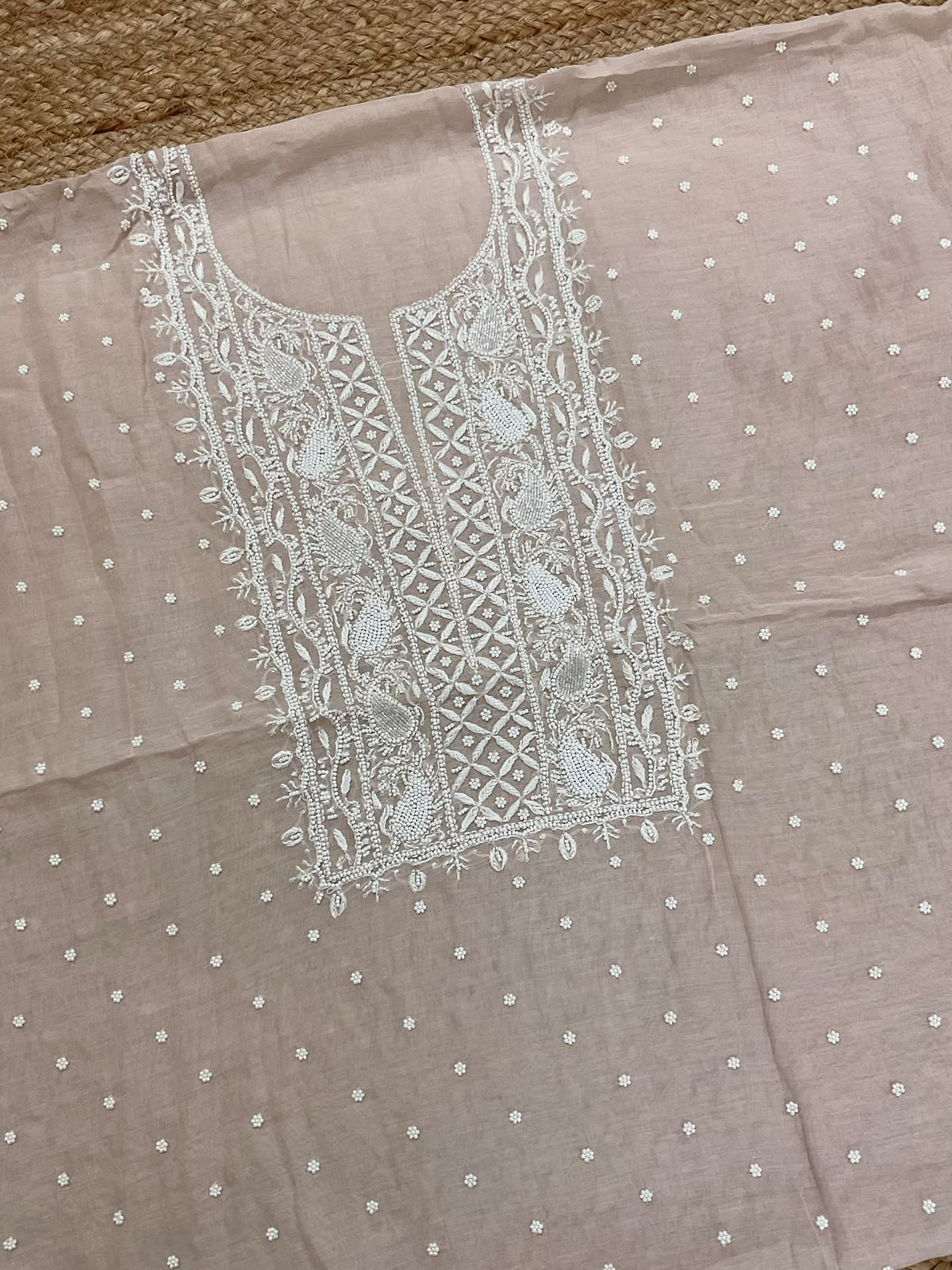 Pure Mul Chanderi Pearl Embroidered Suit - Beige