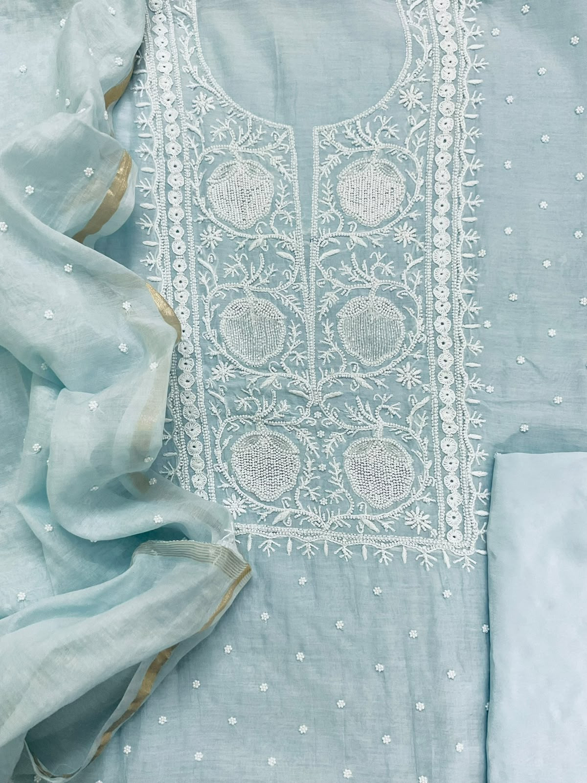 Pure Mul Chanderi Pearl Embroidered Suit - Sea Blue
