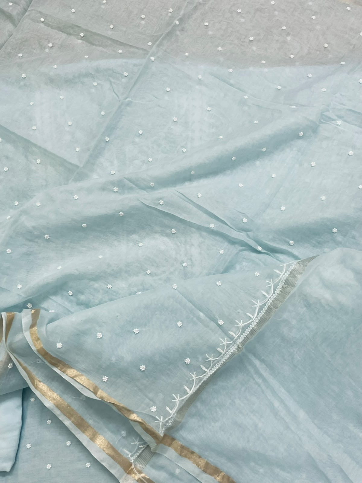 Pure Mul Chanderi Pearl Embroidered Suit - Sea Blue