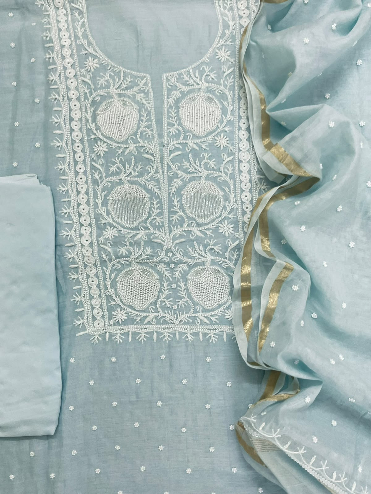 Pure Mul Chanderi Pearl Embroidered Suit - Sea Blue