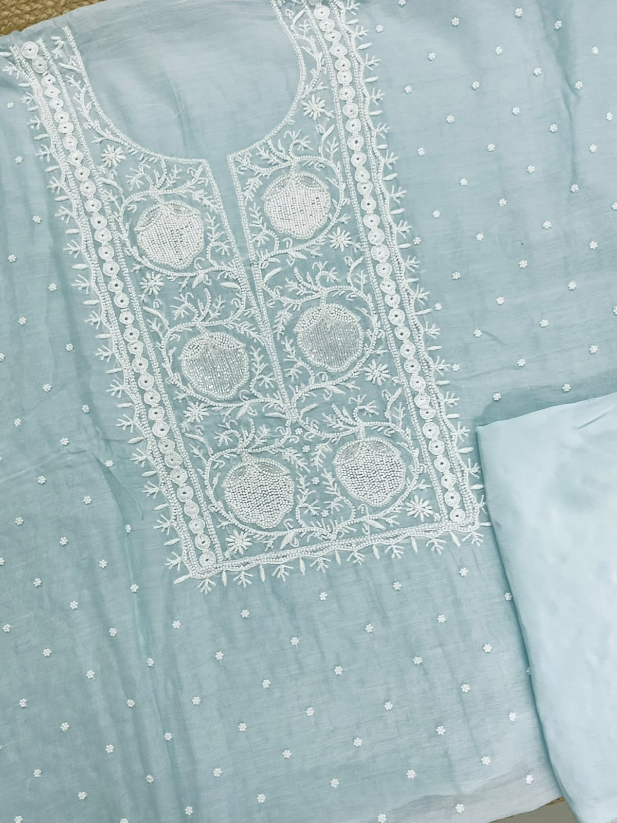 Pure Mul Chanderi Pearl Embroidered Suit - Sea Blue