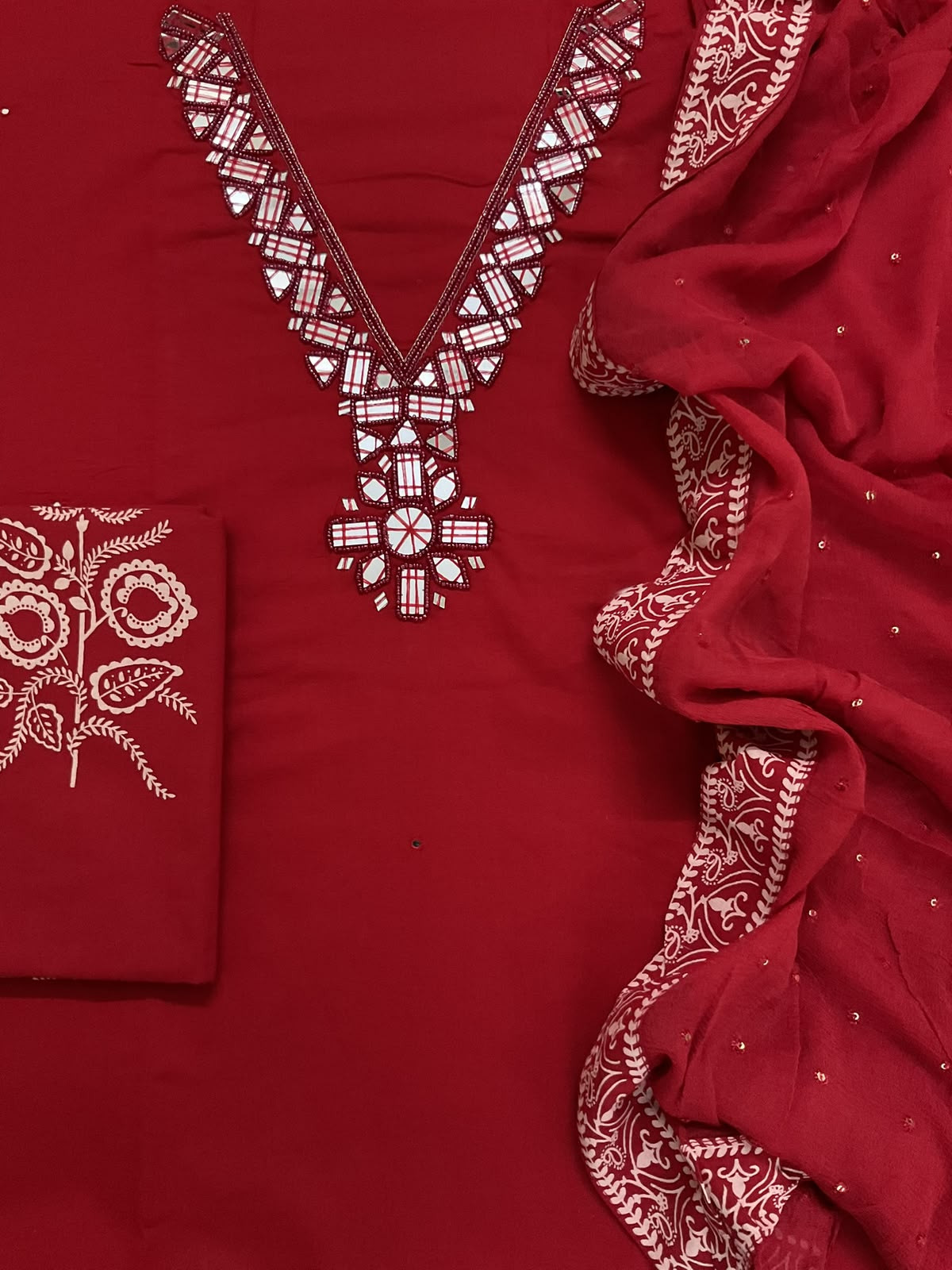 Pure Cotton Printed Embroidered Suit - Red