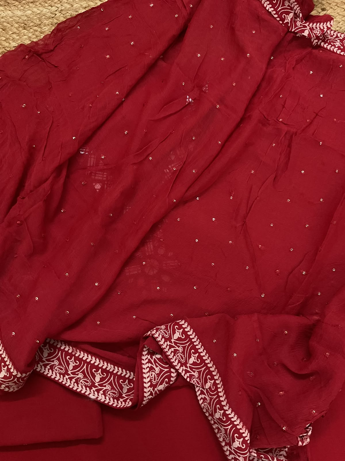 Pure Cotton Printed Embroidered Suit - Red