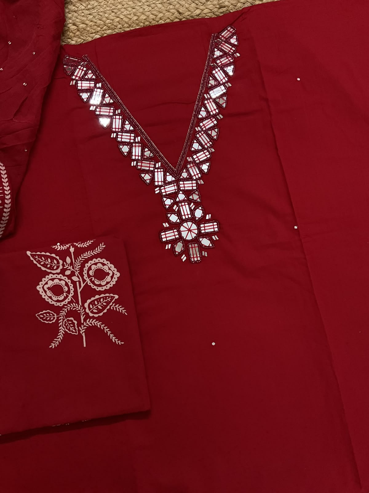 Pure Cotton Printed Embroidered Suit - Red