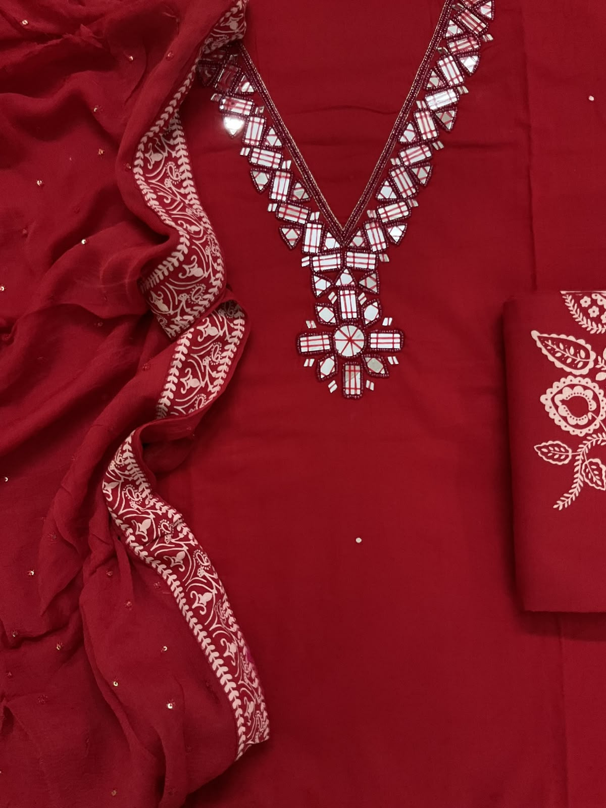 Pure Cotton Printed Embroidered Suit - Red