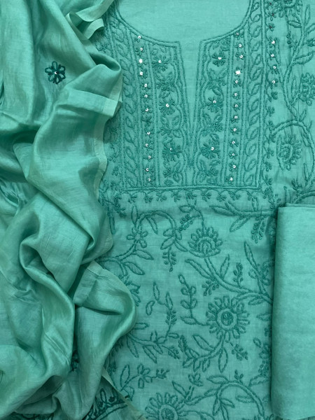 Image of Soft Chanderi Embroidered Suit - Green