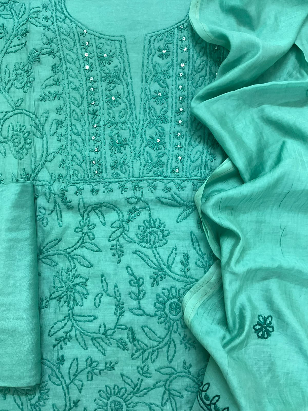 Soft Chanderi Embroidered Suit - Green