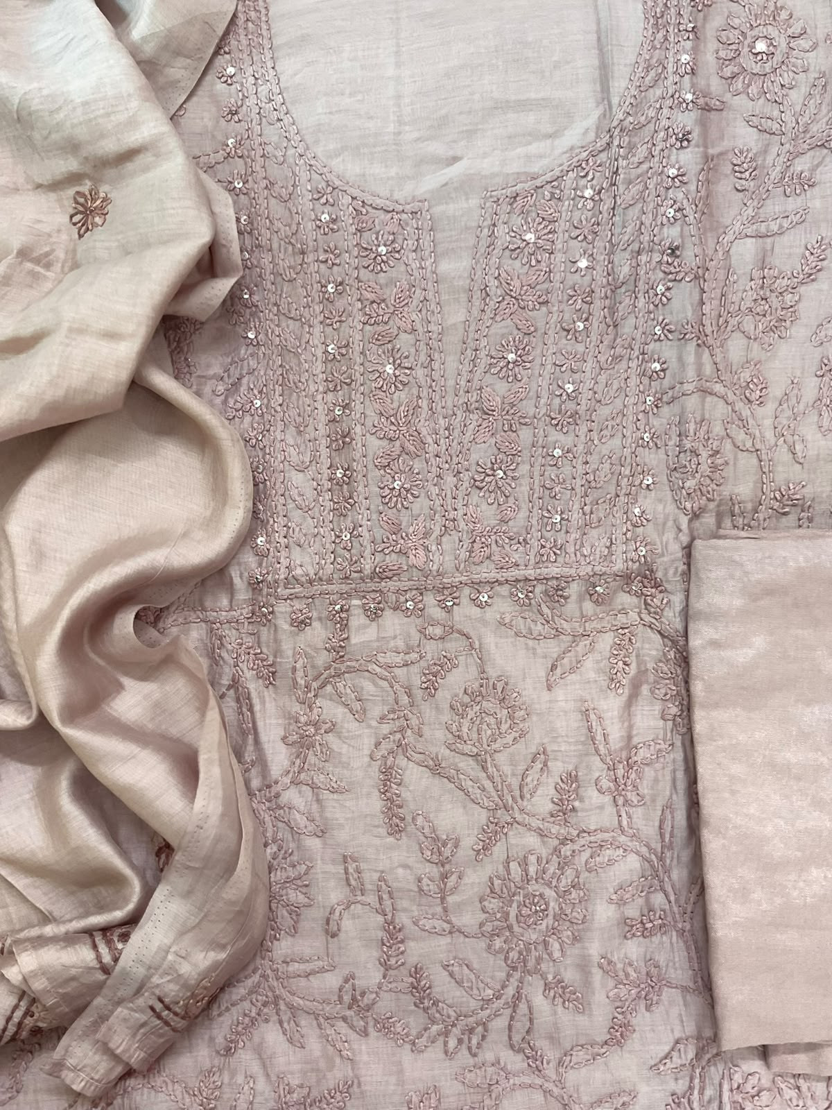 Soft Chanderi Embroidered Suit - Lilac Beige
