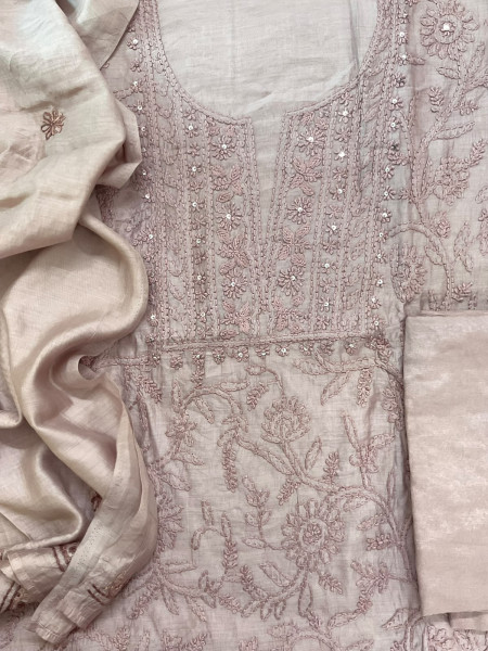 Image of Soft Chanderi Embroidered Suit - Lilac Beige