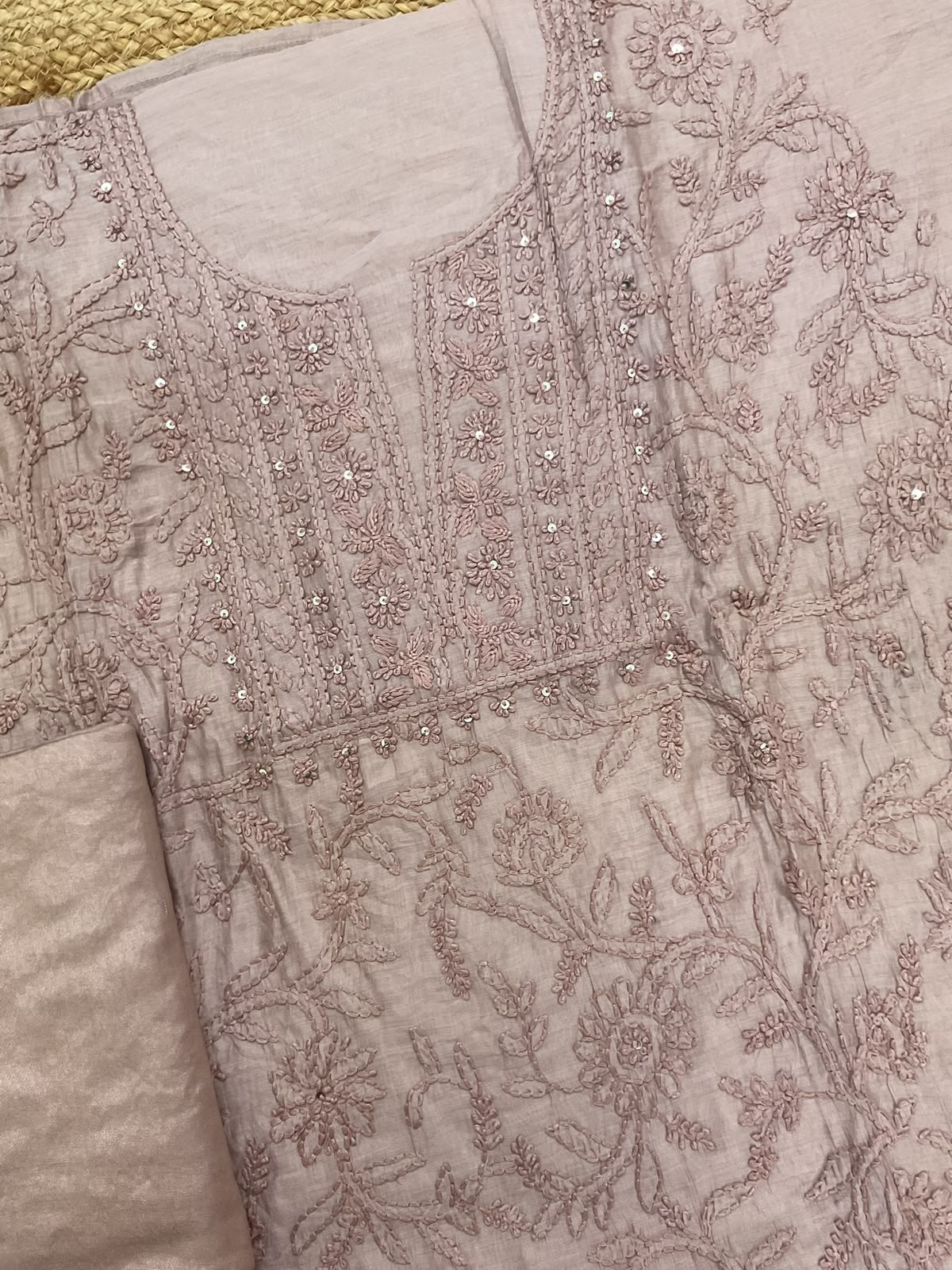Soft Chanderi Embroidered Suit - Lilac Beige