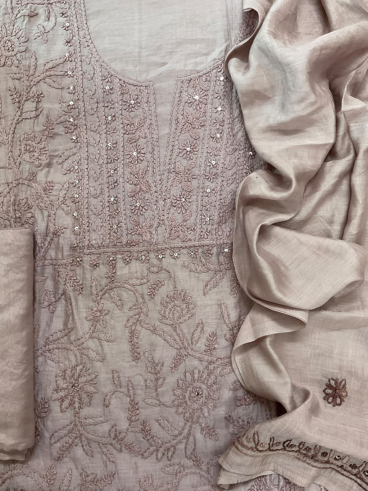 Soft Chanderi Embroidered Suit - Lilac Beige