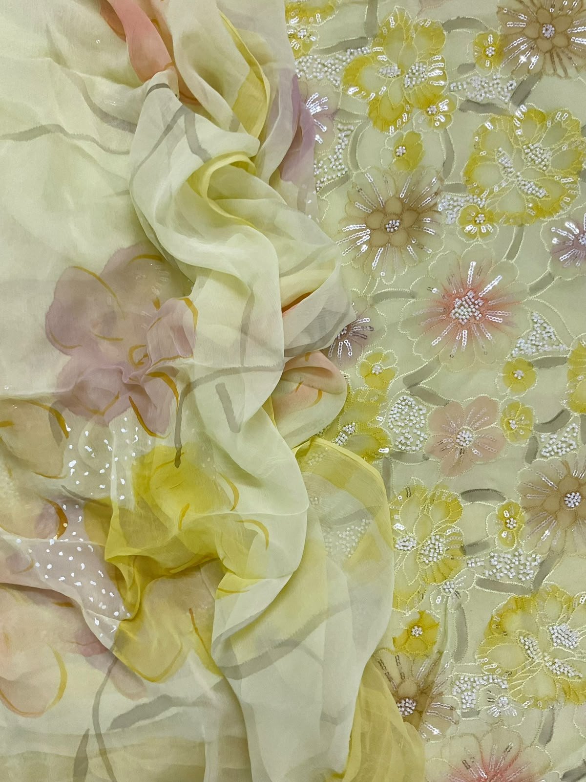 Pure Fine Georgette Brush Painted Embroidered Suit- Yellow