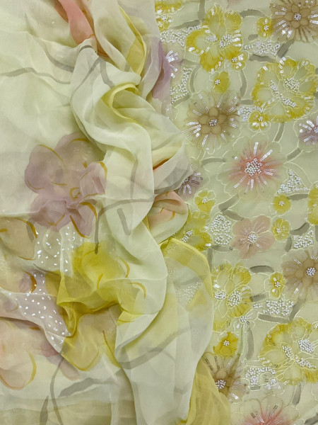 Image of Pure Fine Georgette Brush Painted Embroidered Suit- Yellow