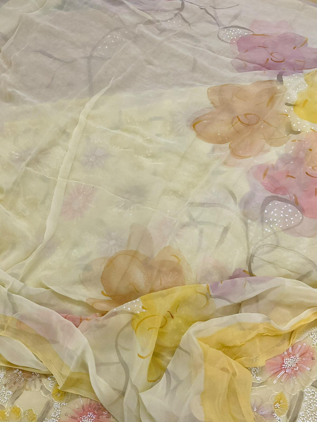 Pure Fine Georgette Brush Painted Embroidered Suit- Yellow