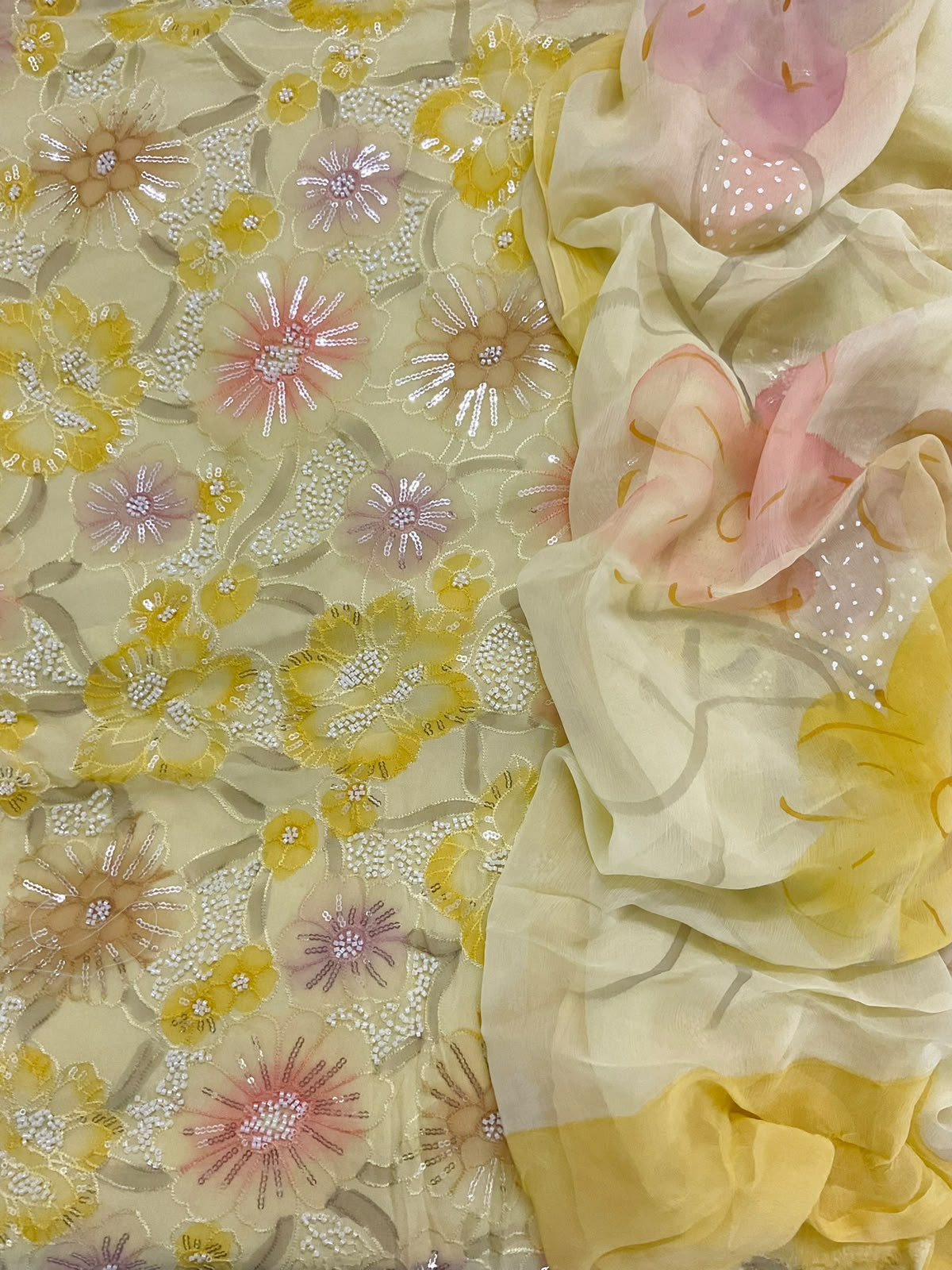 Pure Fine Georgette Brush Painted Embroidered Suit- Yellow