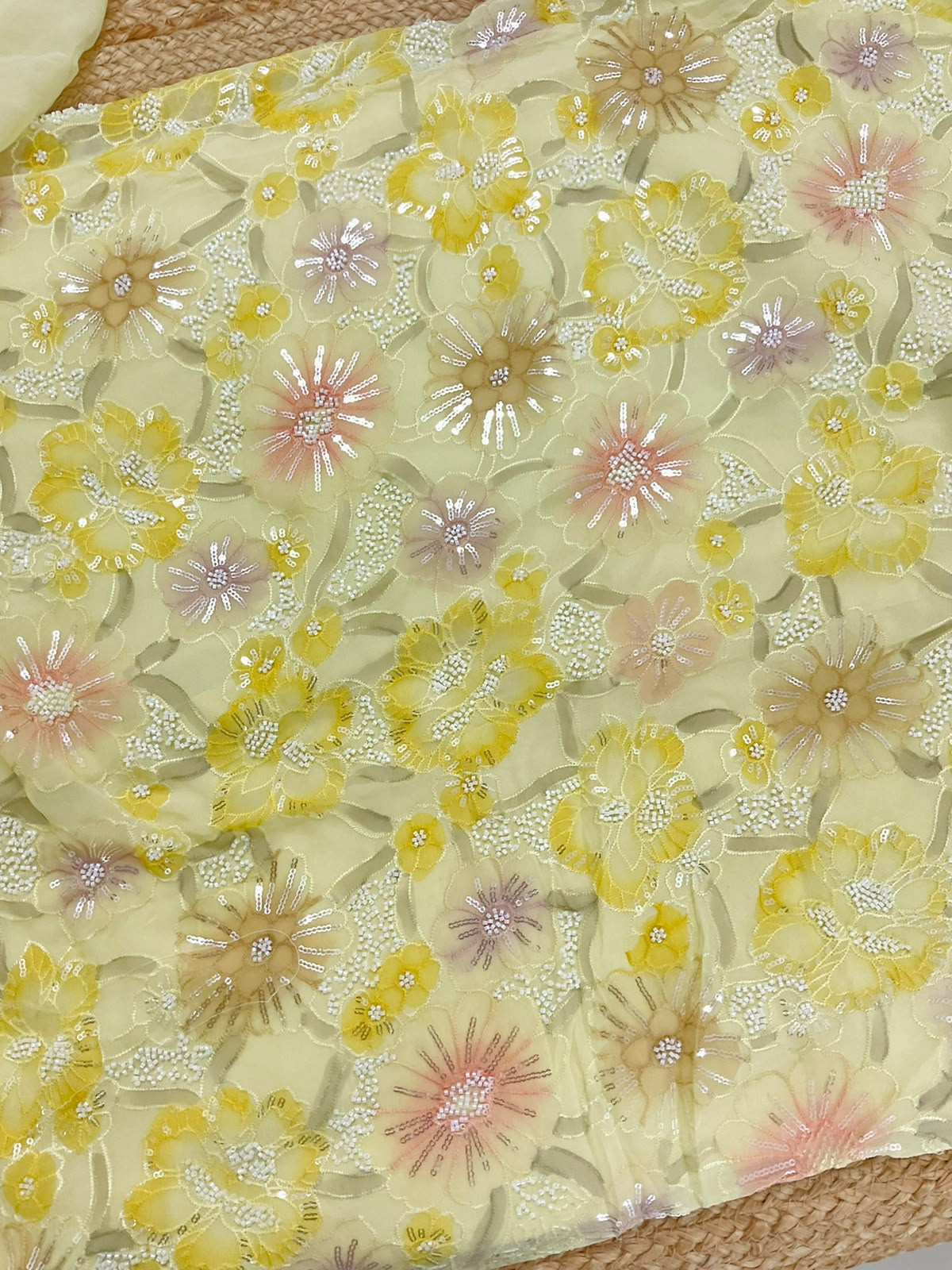 Pure Fine Georgette Brush Painted Embroidered Suit- Yellow