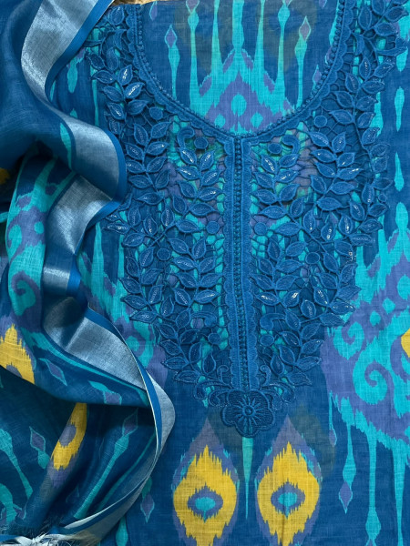 Image of Soft Linen Jute Cotton Printed Embroidered Suit - Blue