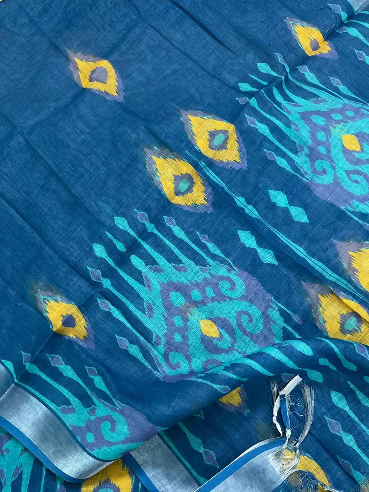 Soft Linen Jute Cotton Printed Embroidered Suit - Blue