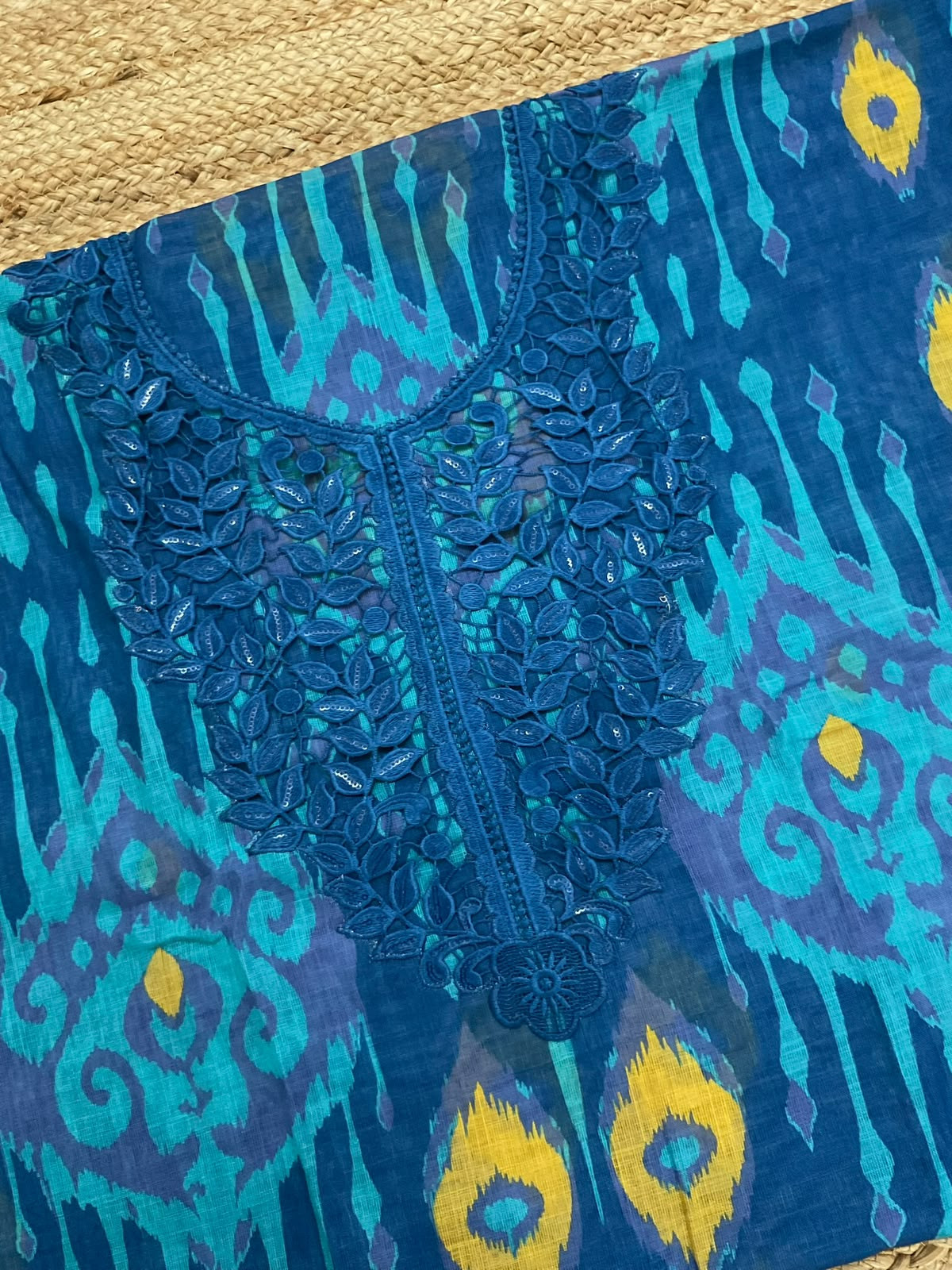 Soft Linen Jute Cotton Printed Embroidered Suit - Blue