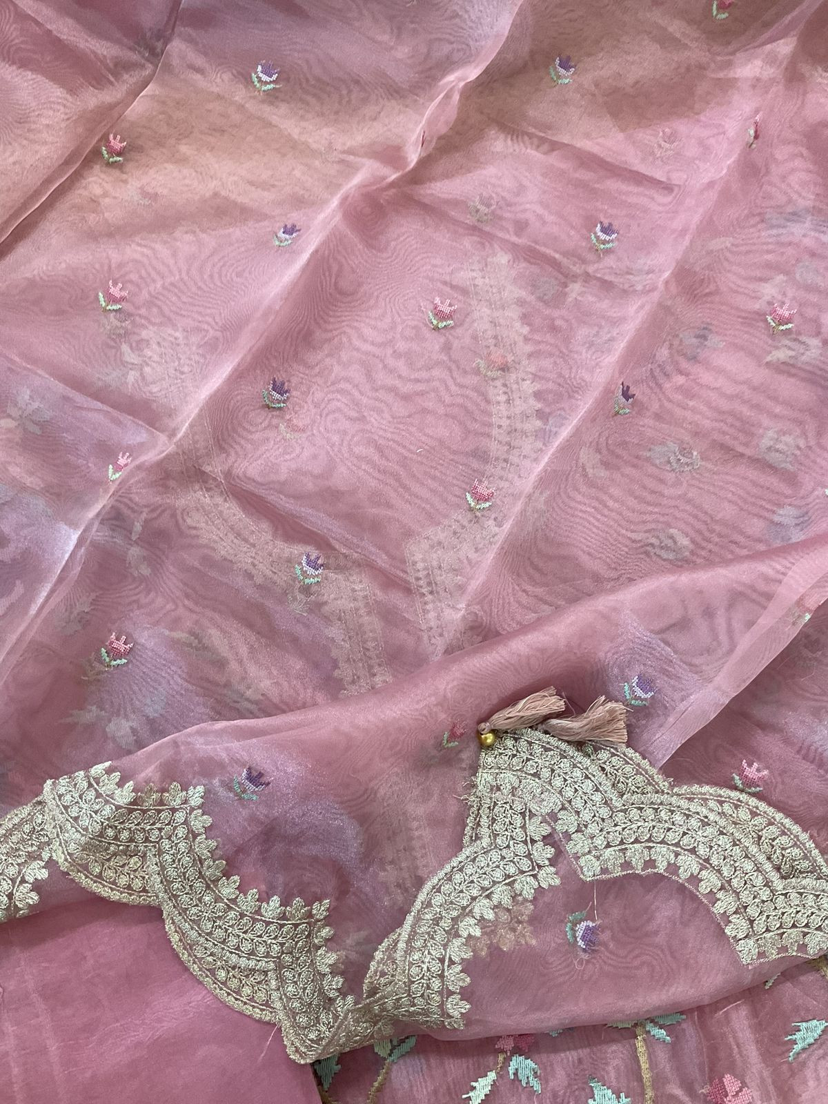 Soft Tissue Shimmer Silk Embroidered Suit - Pink