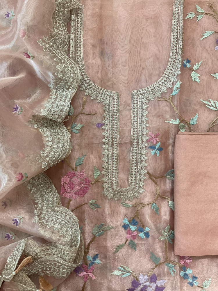 Image of Soft Tissue Shimmer Silk Embroidered Suit - Peach