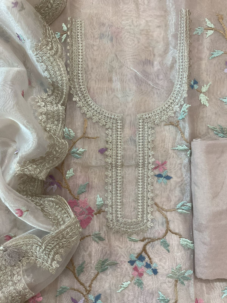 Image of Soft Tissue Shimmer Silk Embroidered Suit - Beige