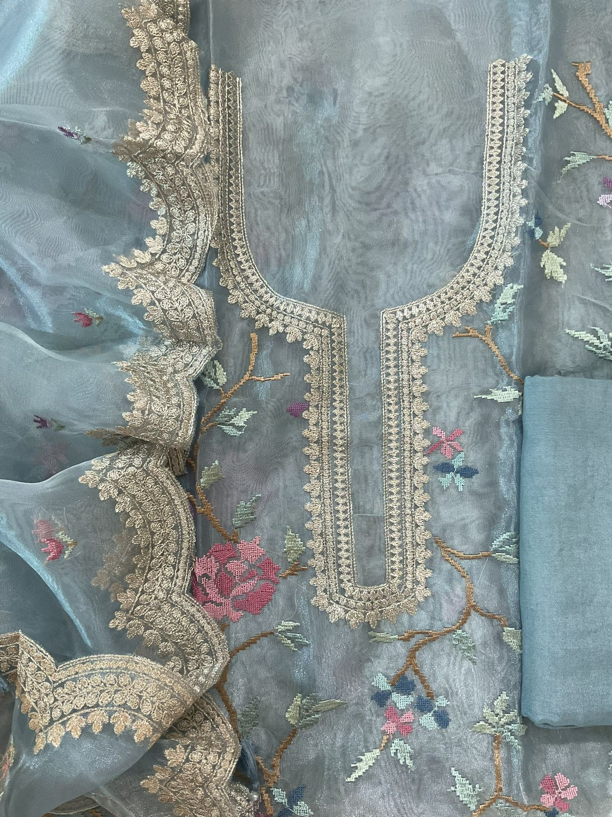 Soft Tissue Shimmer Silk Embroidered Suit - Blue