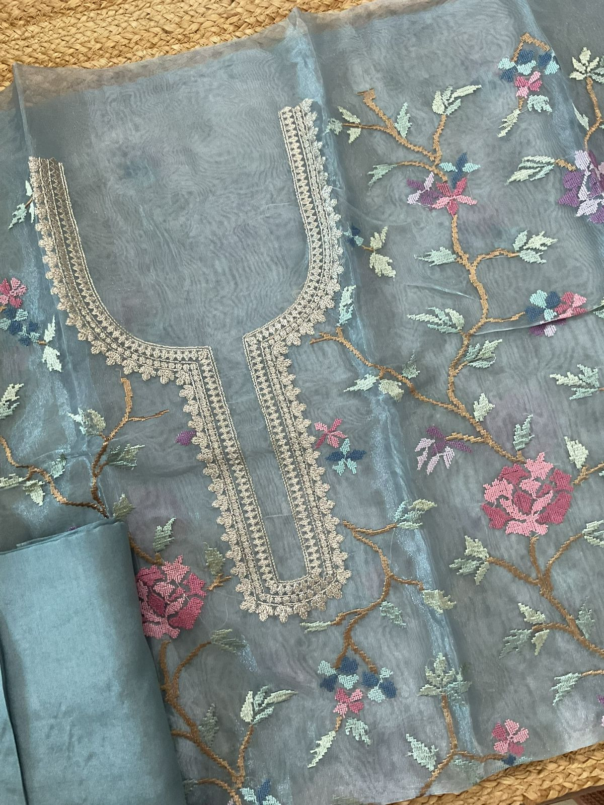 Soft Tissue Shimmer Silk Embroidered Suit - Blue