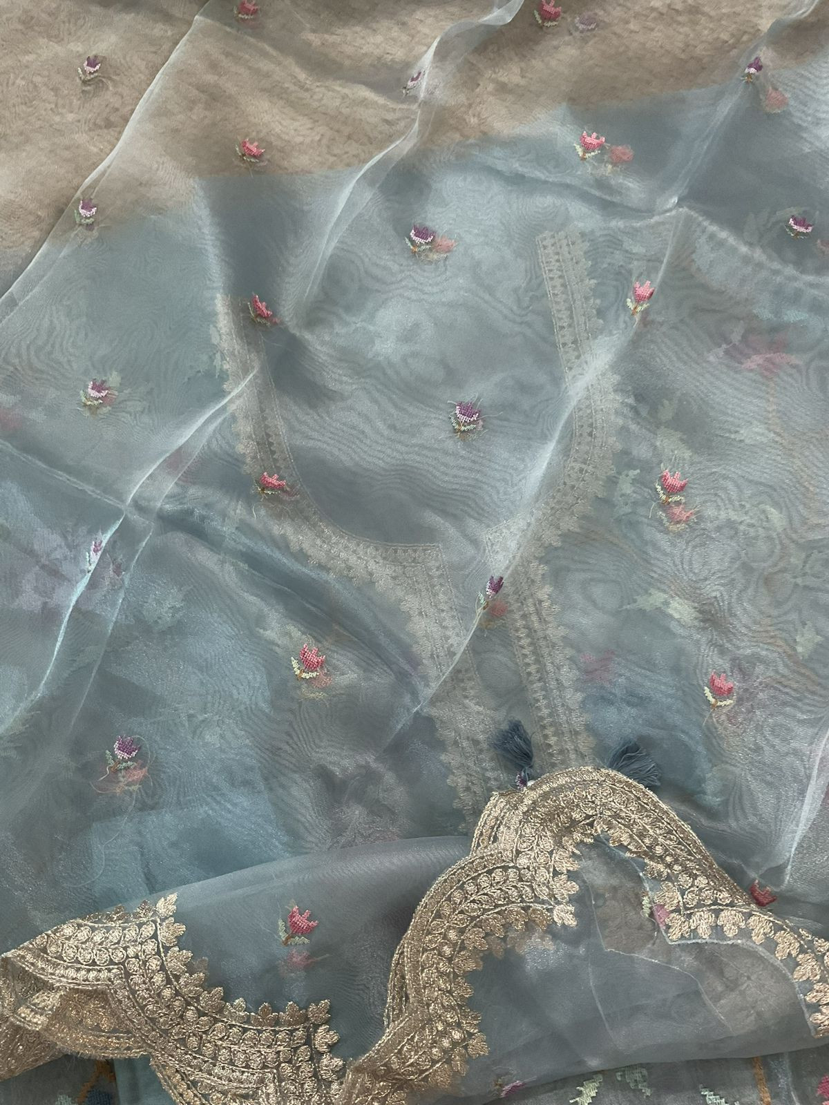 Soft Tissue Shimmer Silk Embroidered Suit - Blue