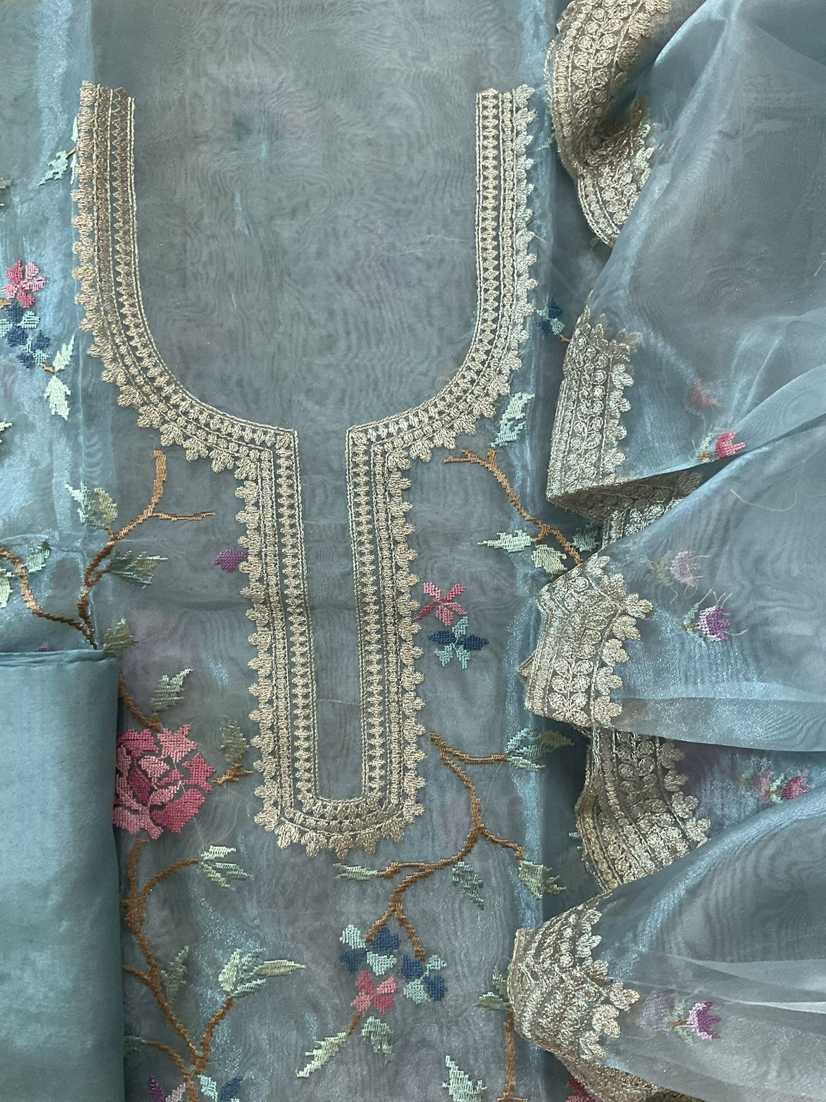 Soft Tissue Shimmer Silk Embroidered Suit - Blue