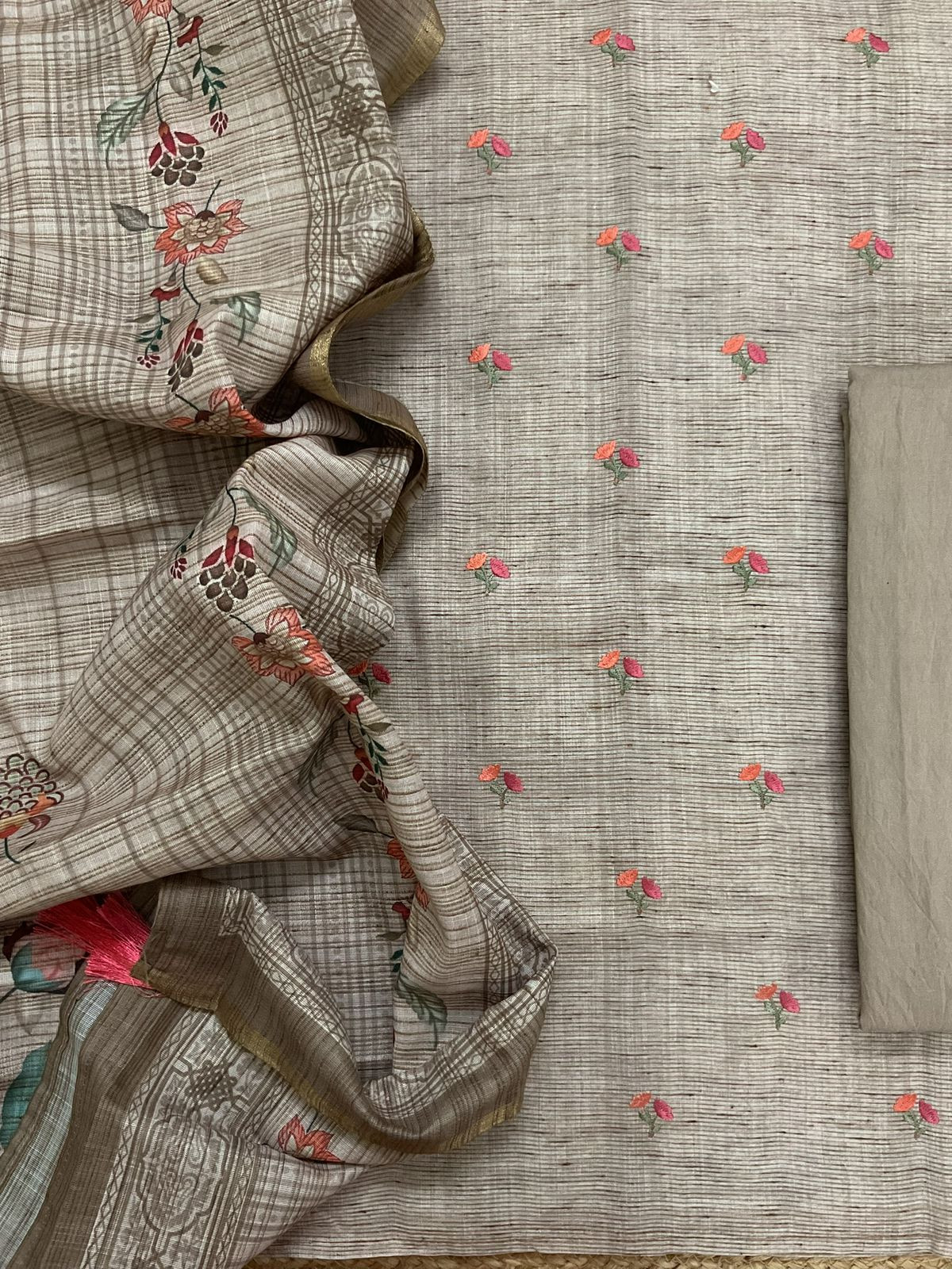 Soft Slub Cotton Silk Printed Embroidered Suit - Beige
