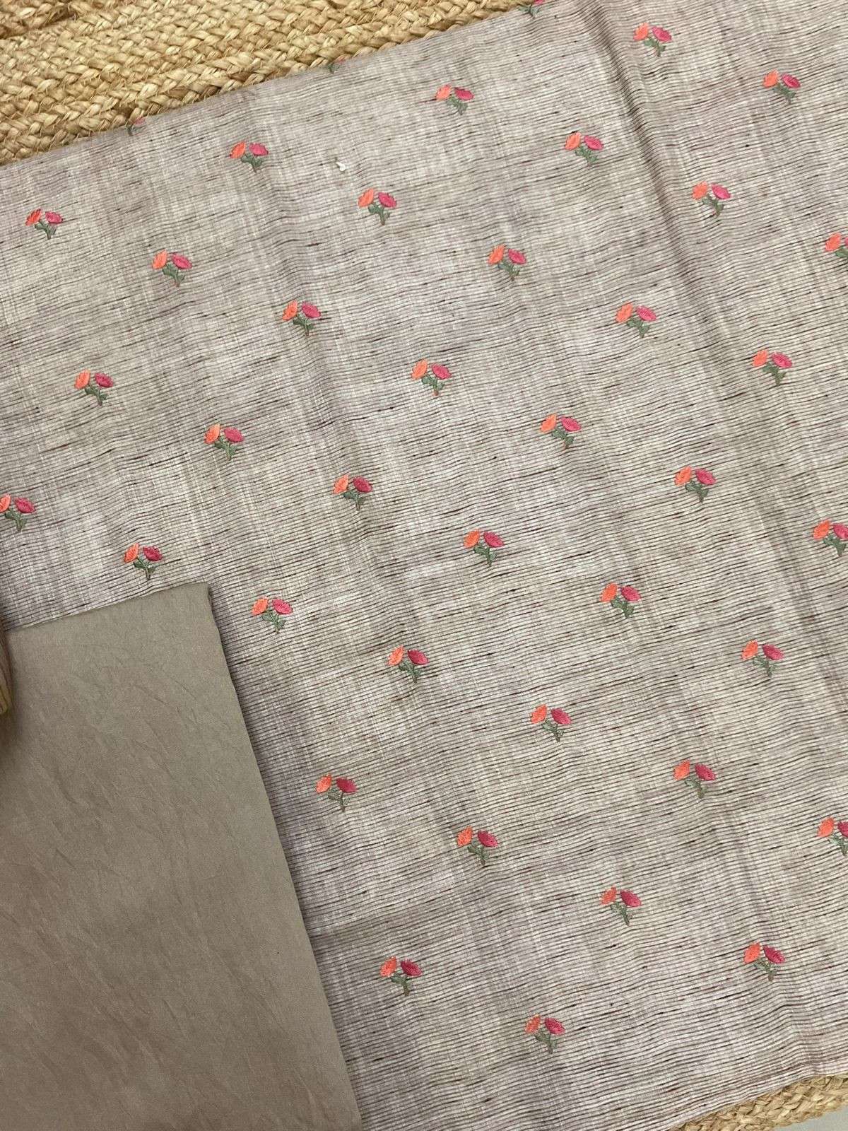 Soft Slub Cotton Silk Printed Embroidered Suit - Beige