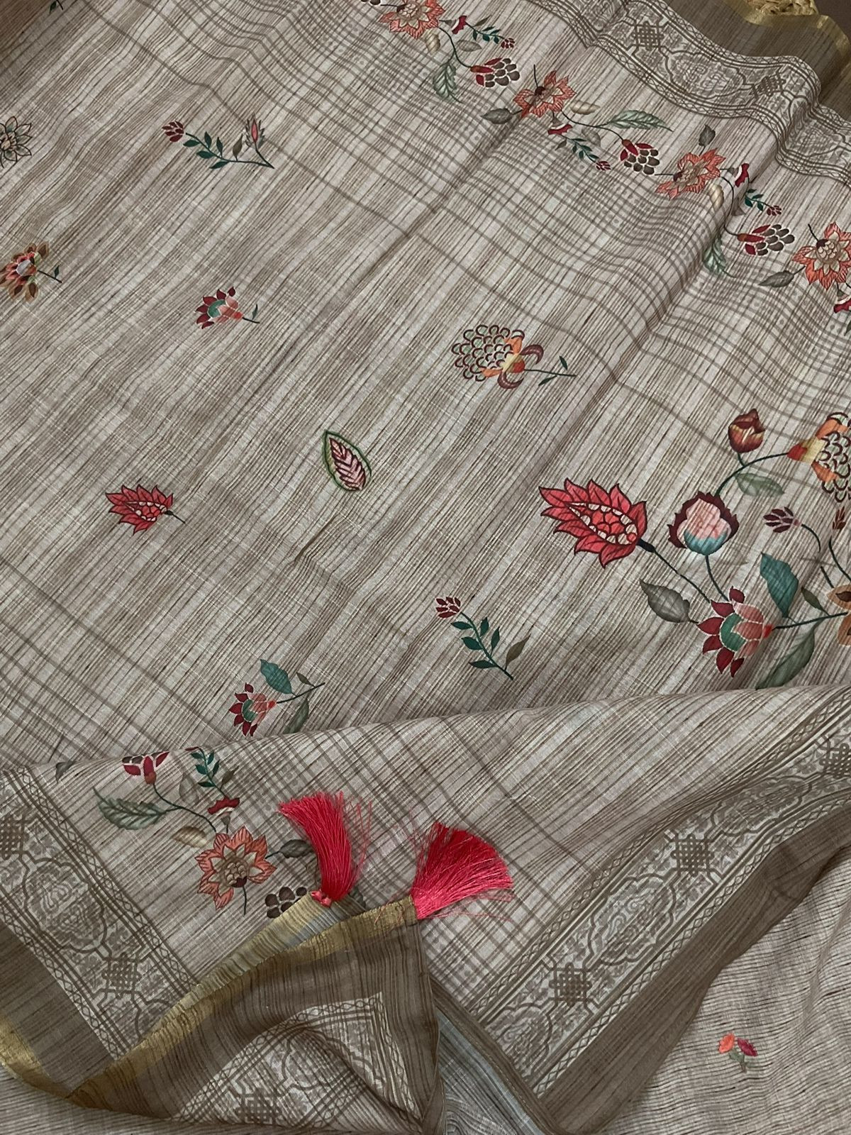 Soft Slub Cotton Silk Printed Embroidered Suit - Beige