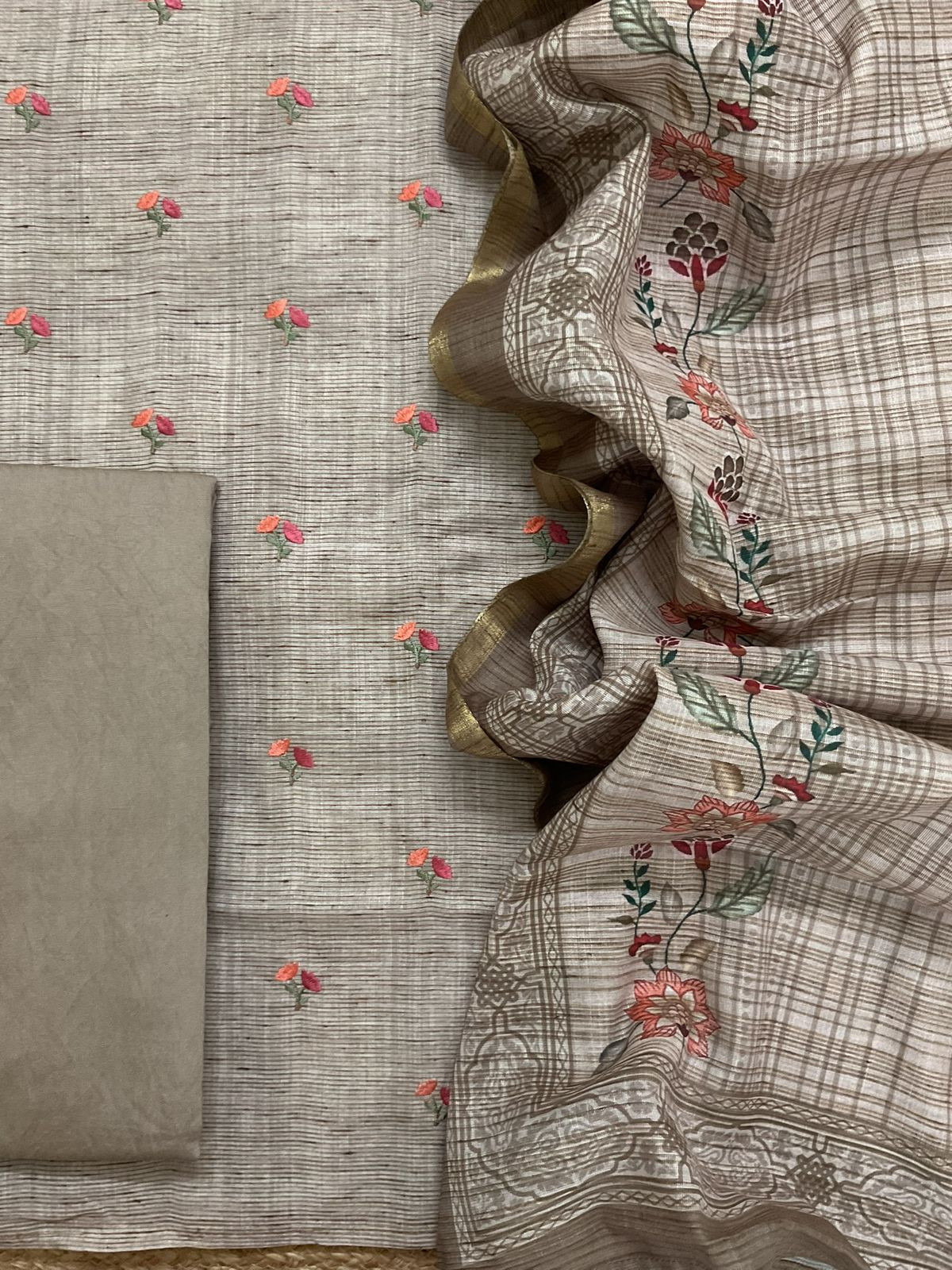 Soft Slub Cotton Silk Printed Embroidered Suit - Beige